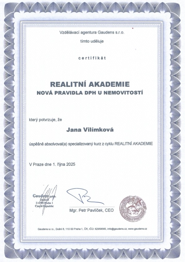 Certifikát absolvování realitní akademie Nová pravidla DPH u nemovitostí