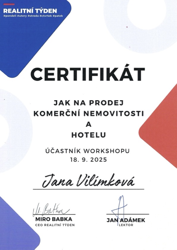 Certifikát absolvování realitní akademie Jak na prodej komerční nemovitosti a hotelu