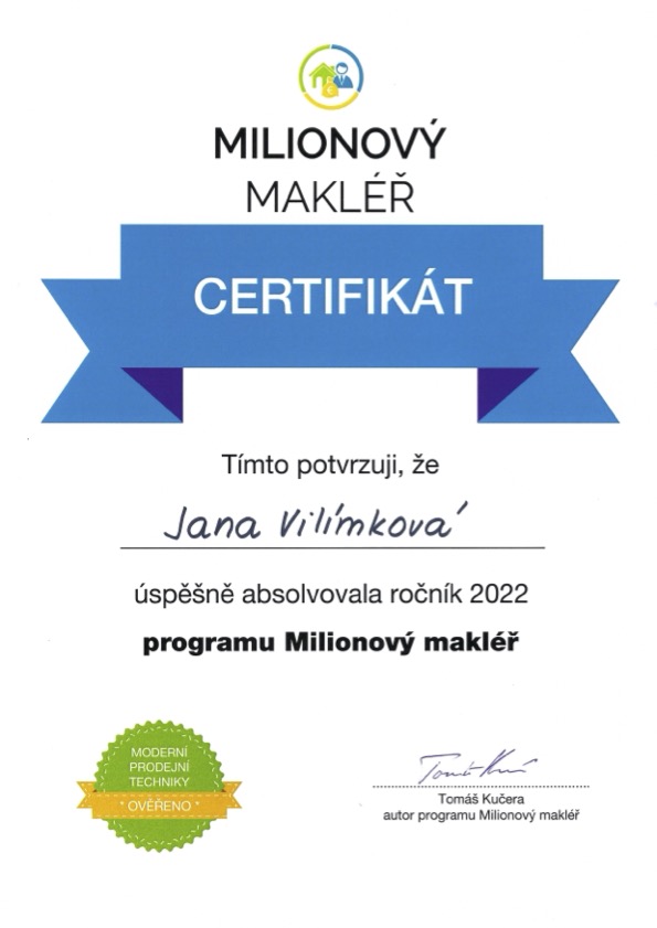 Certifikát absolvování programu Milionový makléř