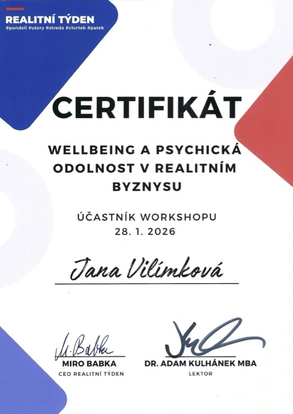 Certifikát absolvování realitní akademie Wellbeing a psychická odolnost v realitním byznysu